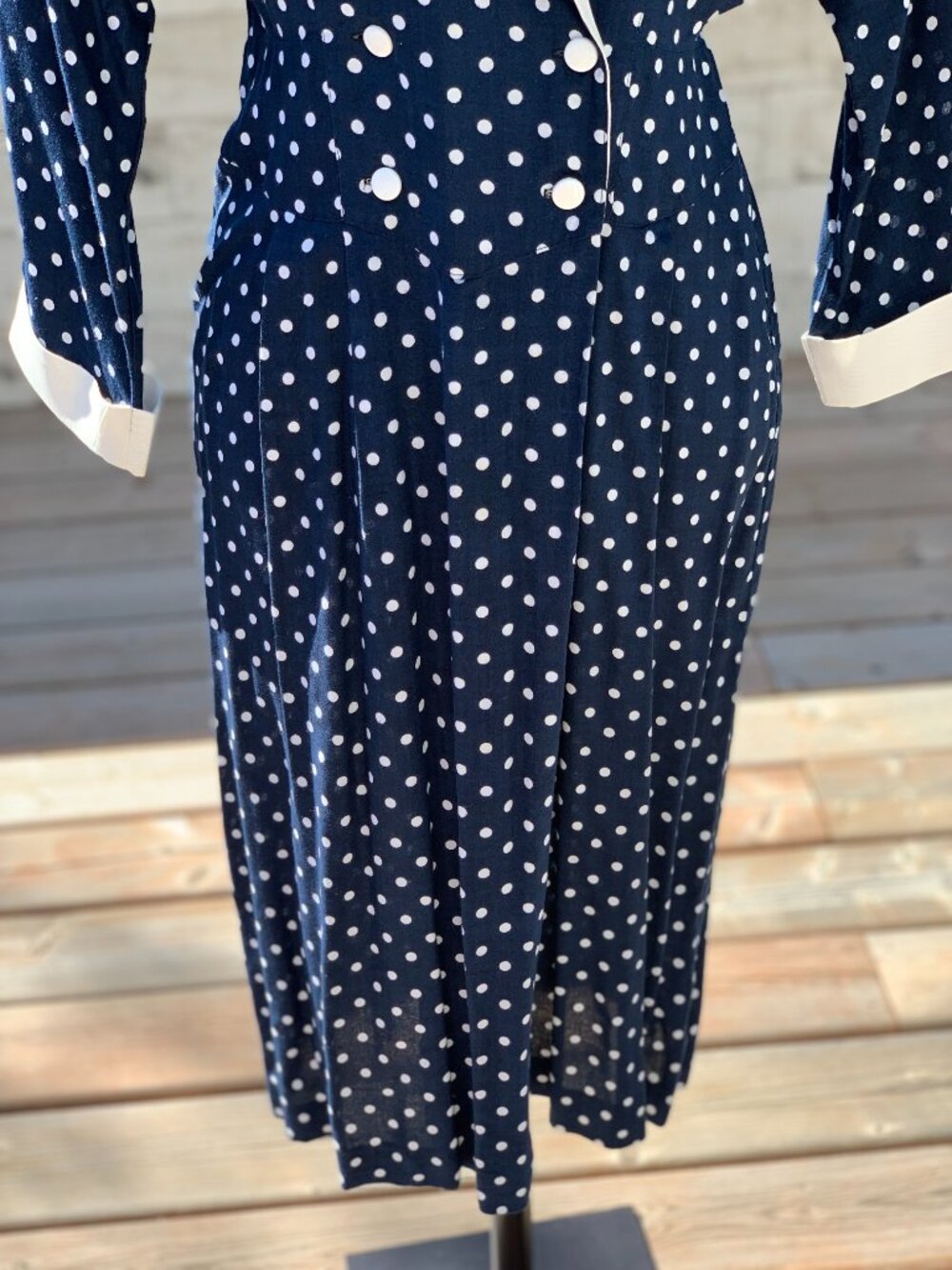 Vintage 90s Polka Dot Dress Navy White Double Breasted Modest Rockabilly Sheath - Picture 3 of 13